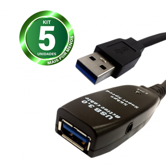 Kit 5 Cabos Extensores USB 3.0 Amplificado 5Gbps de 5 Metros