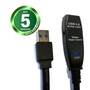 Kit 5 Cabos Extensores USB 3.0 Amplificado 5Gbps de 10 Metros